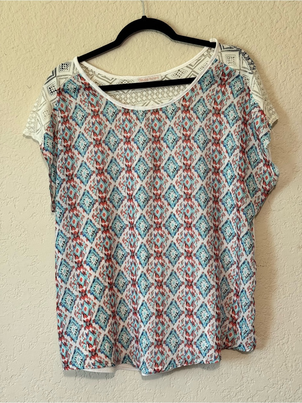 Claudia Richard geometric lace shoulder blouse